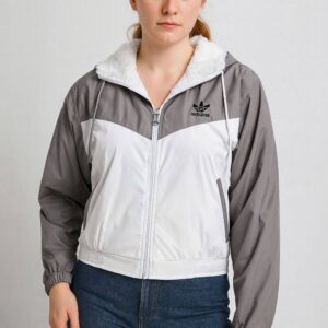 Adidas Women’s Hooded Colorblock Windbreaker Jacket – Grey & White